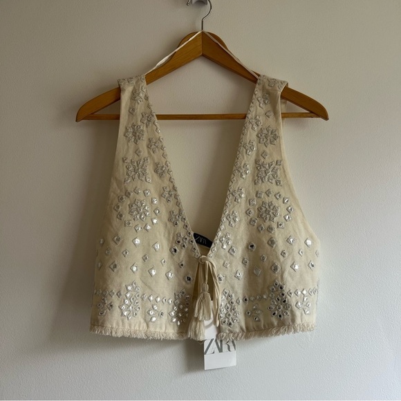 Zara Cream Embroidered Mirror Crop Top - Picture 4 of 16
